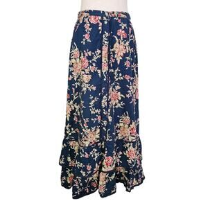 Vintage 90s Prarie Maxi Skirt Tiered Floral Blue 100% Cotton Button Up Small